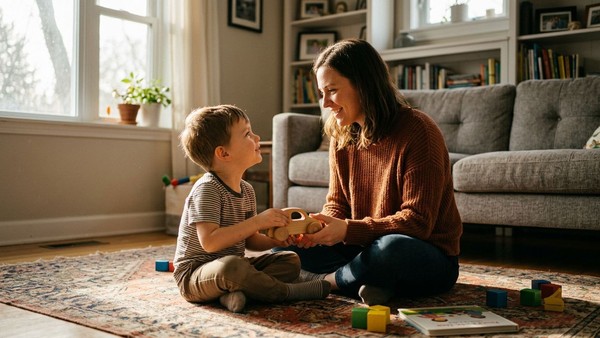 A parent and young child share a quiet, hopeful moment together at home, capturing the everyday connection that ABA supports.