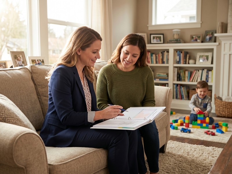 A behavior analyst reviews a child's progress with a parent at home while the child plays nearby during a family visit.