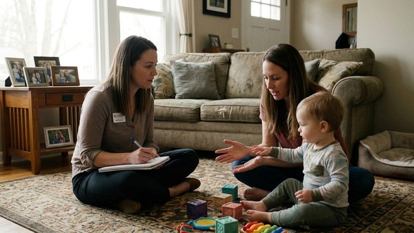 A parent actively models a therapy strategy for their toddler while a CareWorks BCBA observes during an in-home Foundations session.