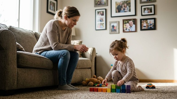 A parent quietly watches their young child play, reflecting on next steps in their developmental journey.