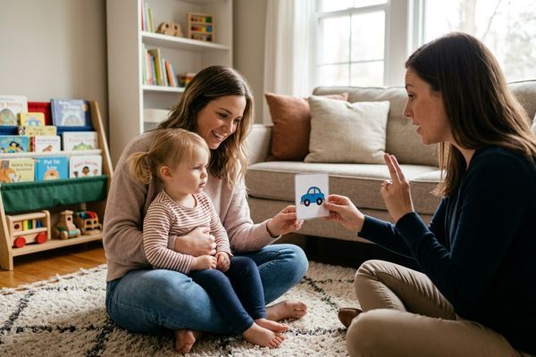 A dedicated parent and their young toddler work closely with a therapist during a session at home.