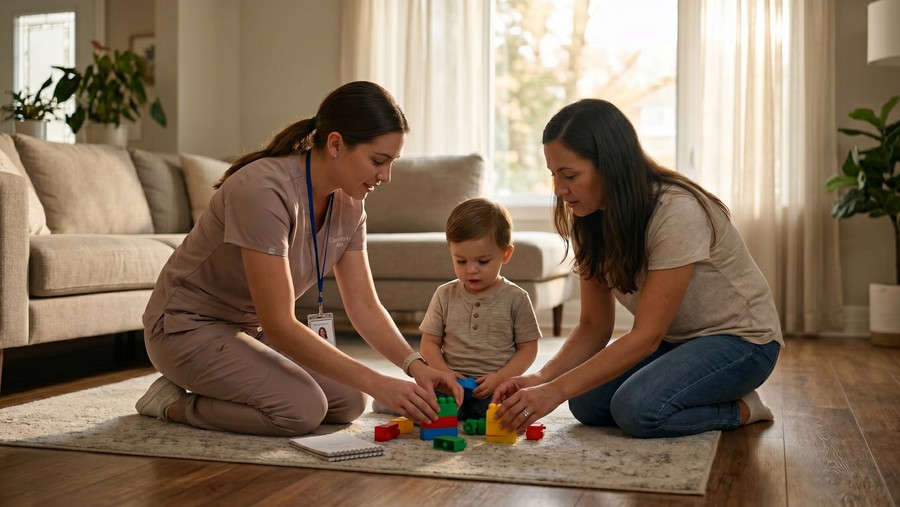 A therapist coaches a parent hands-on by modeling a teaching technique with their child during an in-home ABA session.