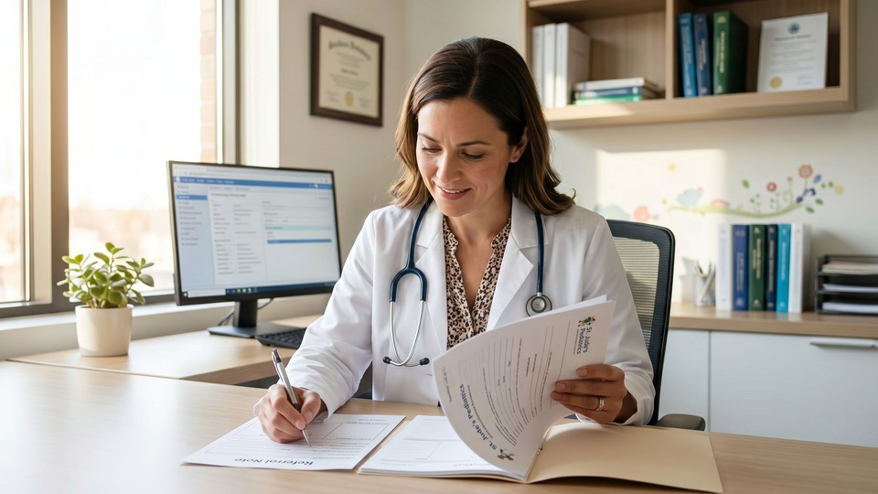 Pediatrician at her desk writing a referral to CareWorks ABA on behalf of a young patient in a bright modern medical office.
