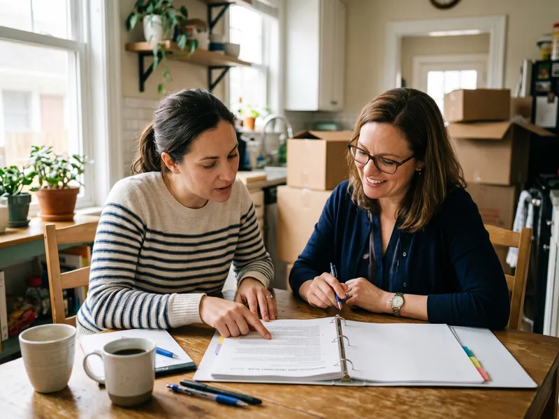 A parent and a behavior analyst review a child's treatment plan at the kitchen table ahead of an upcoming family move.