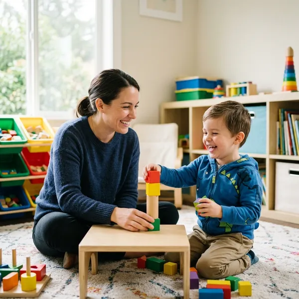 A happy child engaging in a playful ABA therapy session with a compassionate therapist in a warm space.