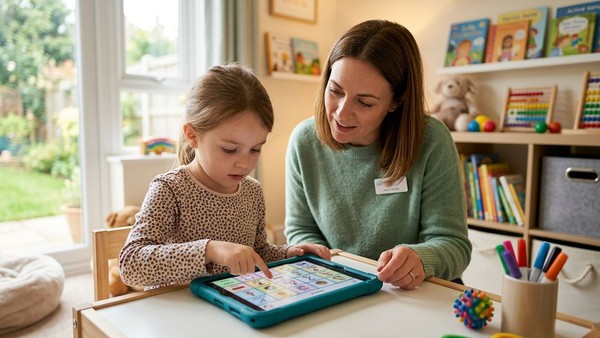 A focused child practices essential AAC communication skills with a therapist at the Suffolk center.