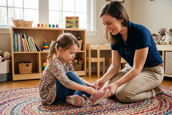 A young girl carefully practices putting on her shoes with a therapist during a daily living session.