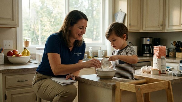 A CareWorks therapist guides a young child through a real-world skill practice in a natural everyday setting.