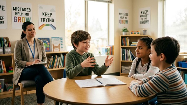 A school-age child leans into a peer conversation with classmates while a clinician observes the Confidence session.