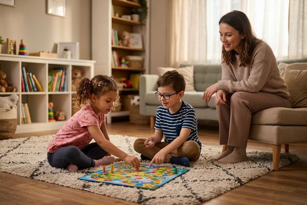 A child practices important social skills with their sibling during a facilitated in-home therapy session.