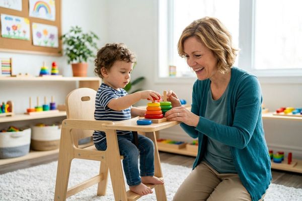 A young toddler engages deeply in structured play activities during an early intervention ABA session.
