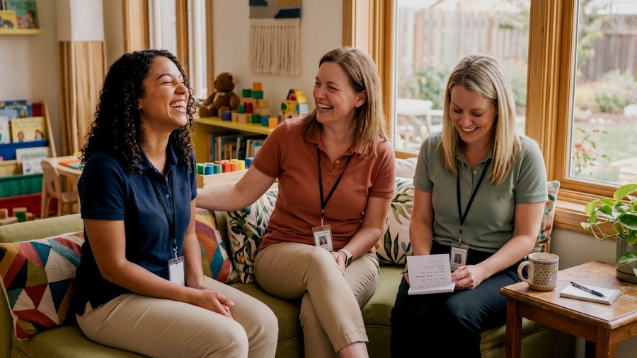 Three CareWorks ABA therapists share a warm candid laugh together by a sunlit window at a bright welcoming therapy center.
