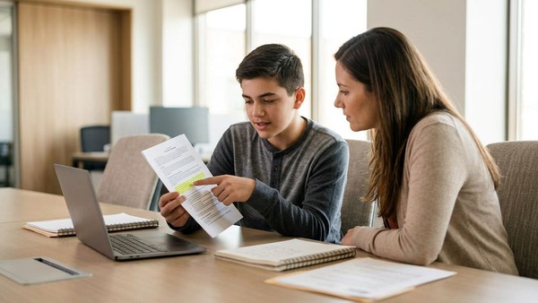 A teen CareWorks Launchpad client reviews their own IEP transition plan alongside their BCBA during a self-advocacy session.