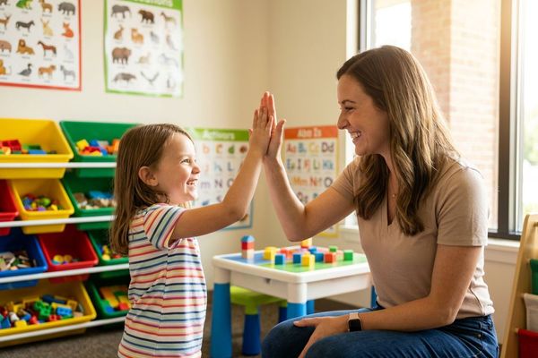 An ABA therapist happily high-fives a young girl after reaching a significant therapy milestone in Greensboro.