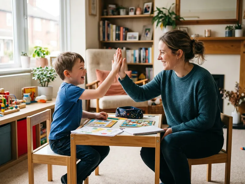 A therapist and a young child celebrate reaching a therapy goal together during a session in a bright family home.