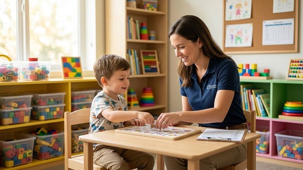A skilled ABA therapist thoughtfully guides a young child through a structured therapy session at CareWorks.