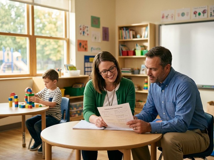 A behavior therapist and classroom teacher review a learning plan at a sunlit table to align ABA with school goals.