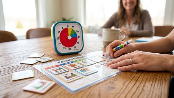 Colorful visual schedule tools and a timer rest on a wooden table to help structure therapy sessions.