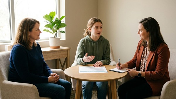 A teen CareWorks Launchpad client leads a three-way goal-setting conversation with her mother and BCBA during a Parent Alignment session.
