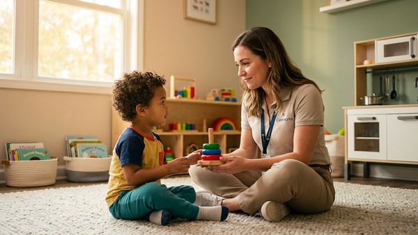 A toddler shares a focused moment of joint attention with a CareWorks BCBA during a Foundations program early-childhood ABA session.