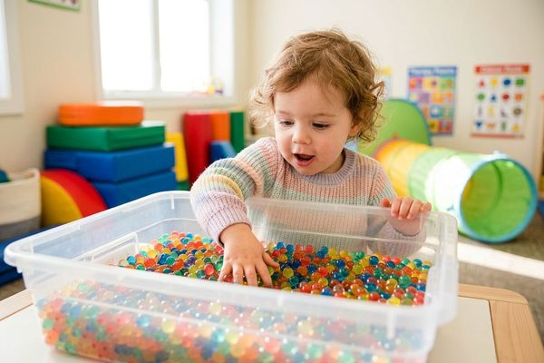 A toddler joyfully explores various materials in a sensory bin during an early intervention therapy session.