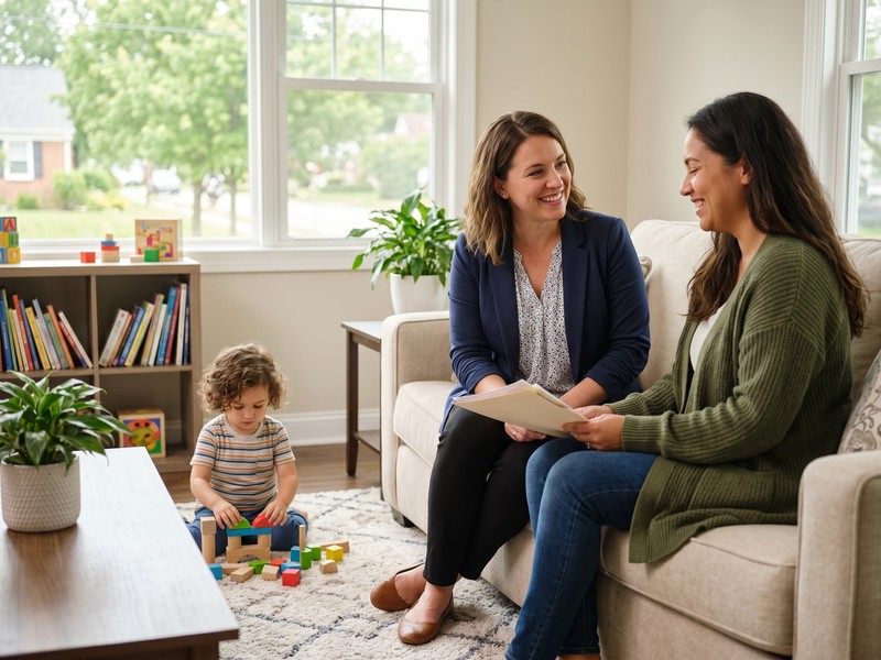 A care coordinator welcomes a parent during a first visit while a young child plays nearby in a bright, comfortable room.