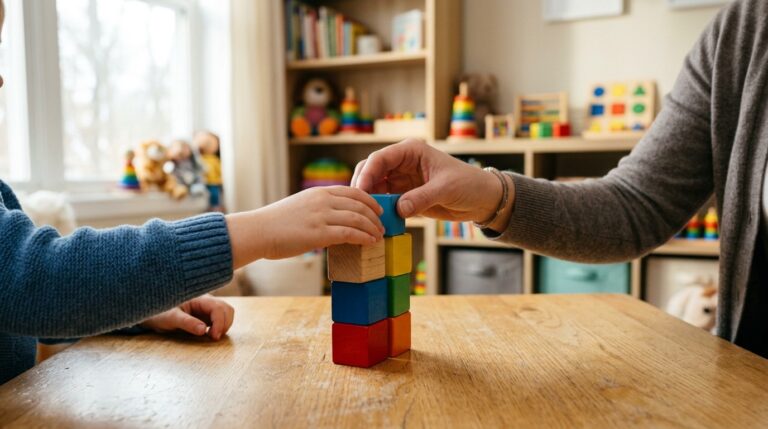 A young child and an ABA therapist stack colorful wooden blocks together in a bright playroom, showing early therapy progress